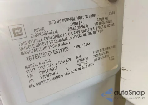 2000 GMC Sierra 1500 Sle from USA, damaged, VIN 1GTEK19T5YE311165